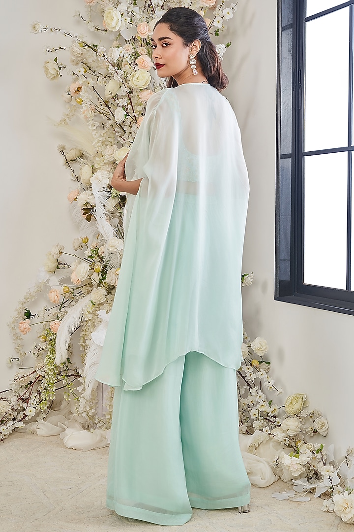 Turquoise Satin Organza & Silk Embroidered Cape Set by DISHA MUCHHALA at Pernia's Pop Up Shop