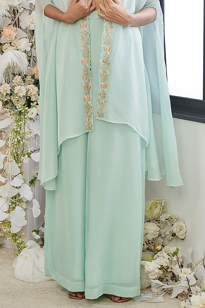 Turquoise Satin Organza & Silk Embroidered Cape Set by DISHA MUCHHALA at Pernia's Pop Up Shop