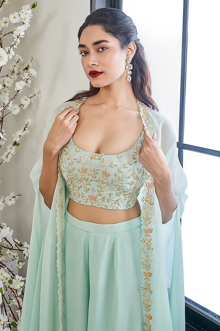 Turquoise Satin Organza & Silk Embroidered Cape Set by DISHA MUCHHALA at Pernia's Pop Up Shop