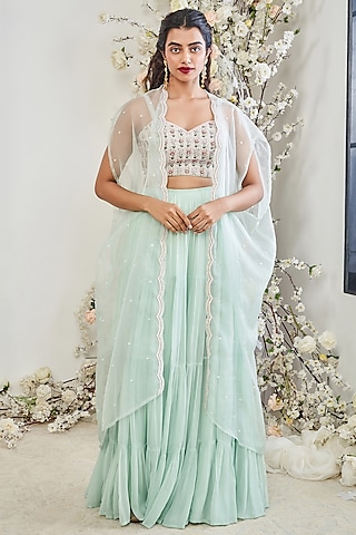 Turquoise Organza Pearl Embellished Cape Set by DISHA MUCHHALA
