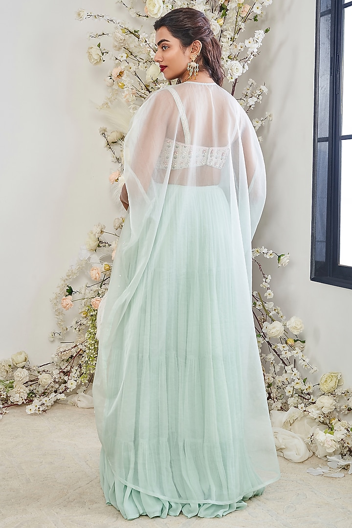Turquoise Organza Pearl Embellished Cape Set by DISHA MUCHHALA at Pernia's Pop Up Shop