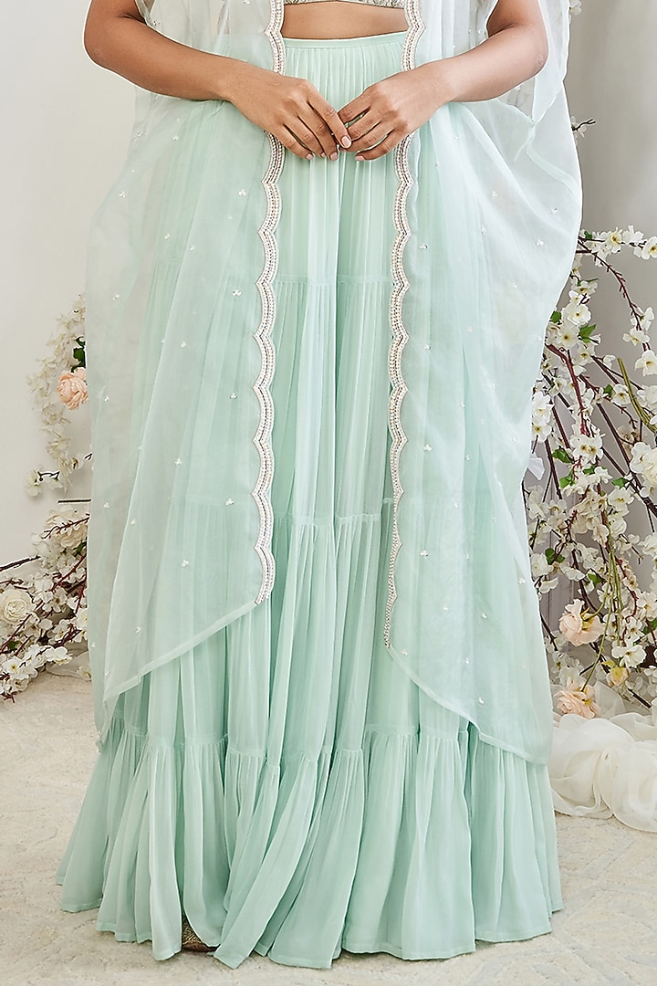 Turquoise Organza Pearl Embellished Cape Set by DISHA MUCHHALA at Pernia's Pop Up Shop
