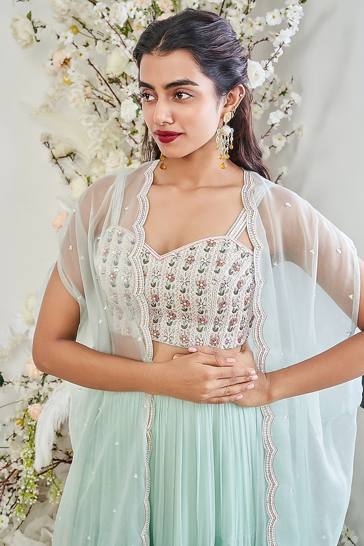 Turquoise Organza Pearl Embellished Cape Set by DISHA MUCHHALA at Pernia's Pop Up Shop