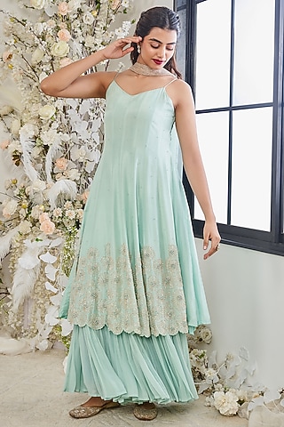 Turquoise Silk & Georgette Cutdana Embroidered Kalidar Anarkali Set by DISHA MUCHHALA