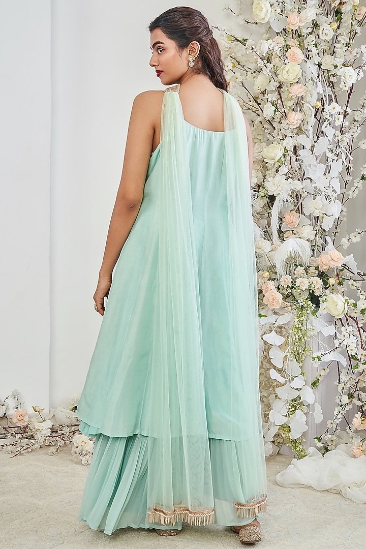 Turquoise Silk & Georgette Cutdana Embroidered Kalidar Party Wear Anarkali Set by DISHA MUCHHALA at Pernia's Pop Up Shop