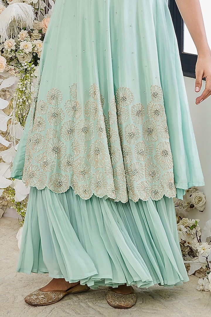Turquoise Silk & Georgette Cutdana Embroidered Kalidar Party Wear Anarkali Set by DISHA MUCHHALA at Pernia's Pop Up Shop