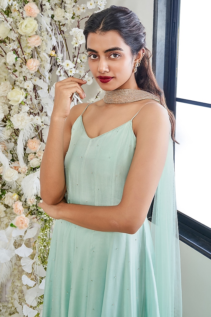 Turquoise Silk & Georgette Cutdana Embroidered Kalidar Party Wear Anarkali Set by DISHA MUCHHALA at Pernia's Pop Up Shop