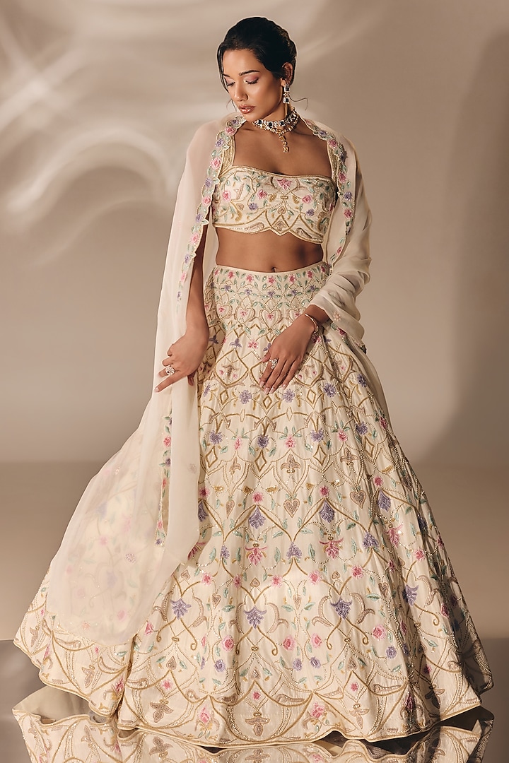 Ivory Silk Zardosi Embroidered Bridal Lehenga Set by DISHA MUCHHALA at Pernia's Pop Up Shop