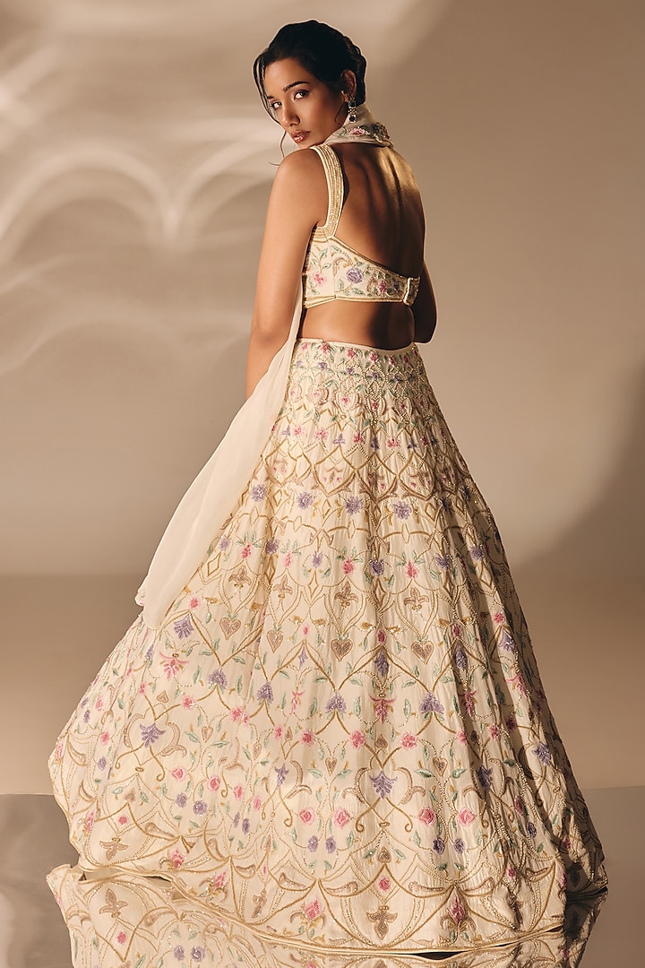 Ivory Silk Zardosi Embroidered Bridal Lehenga Set by DISHA MUCHHALA at Pernia's Pop Up Shop