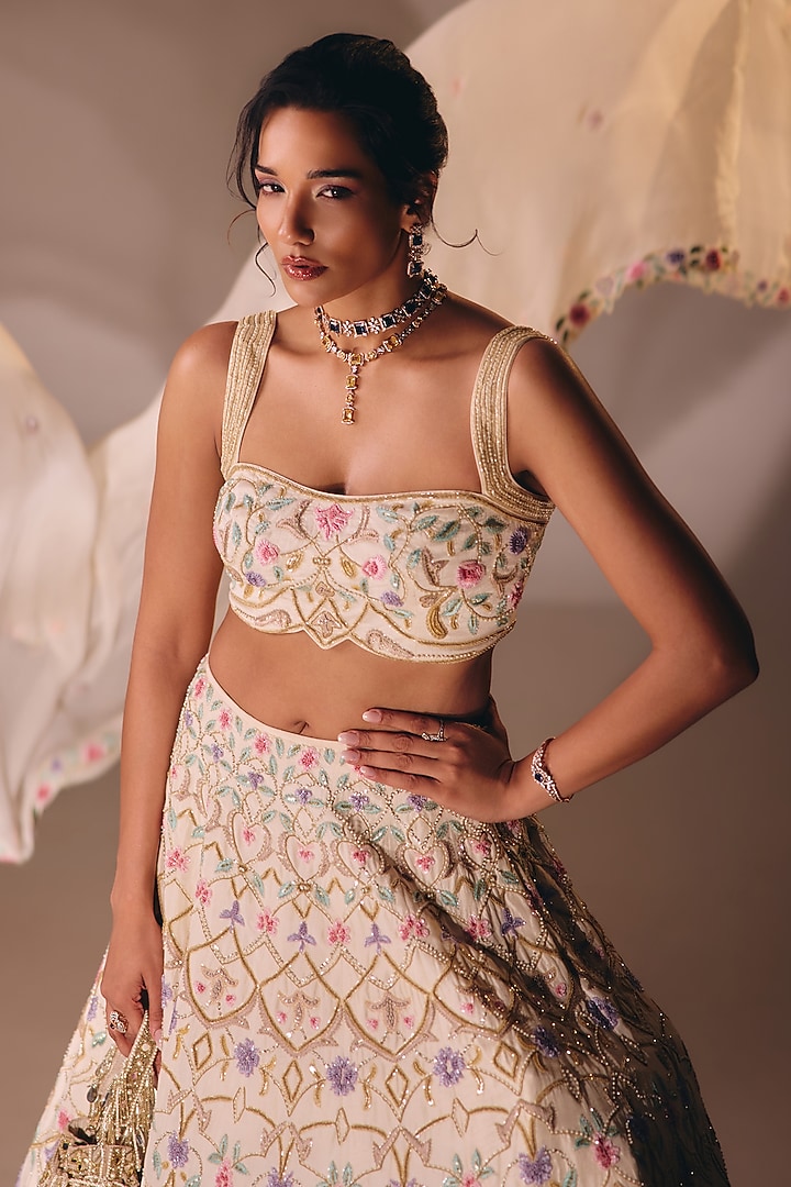 Ivory Silk Zardosi Embroidered Bridal Lehenga Set by DISHA MUCHHALA at Pernia's Pop Up Shop