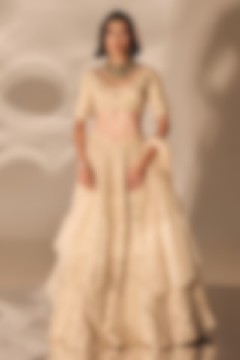Beige Gold Silk Zardosi Embroidered Bridal Lehenga Set by DISHA MUCHHALA at Pernia's Pop Up Shop