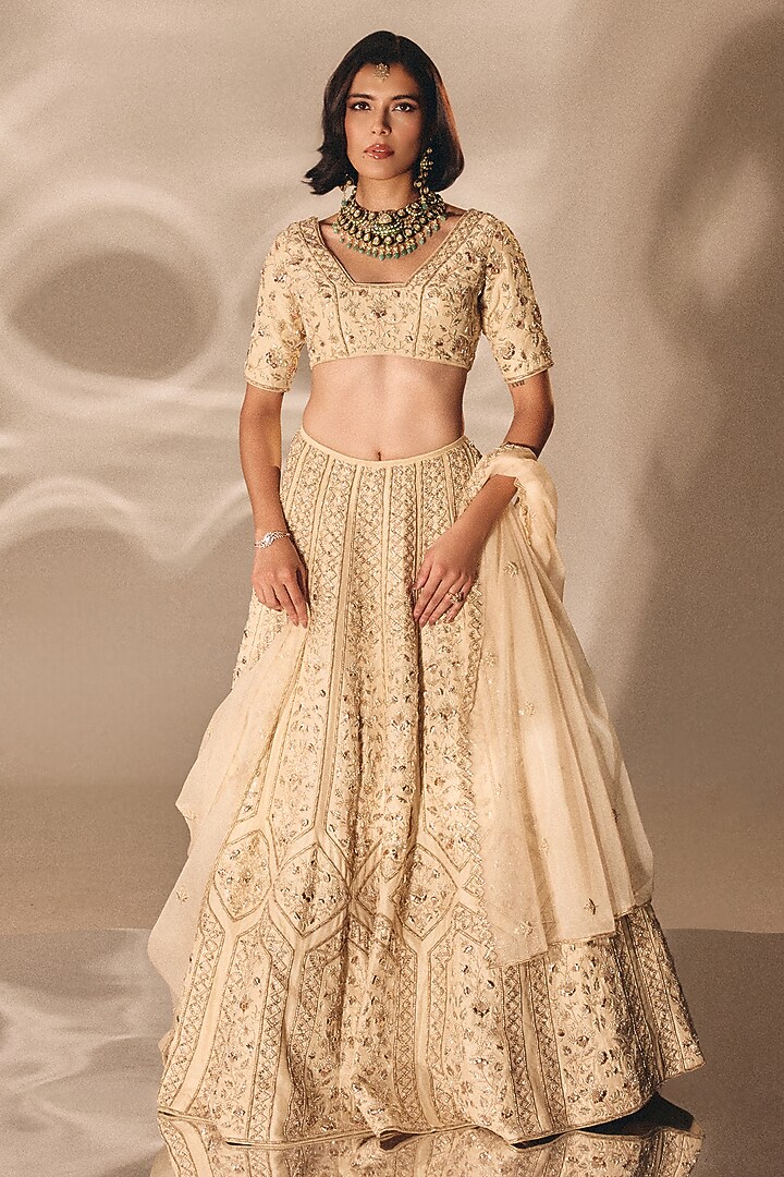Beige Gold Silk Zardosi Embroidered Bridal Lehenga Set by DISHA MUCHHALA at Pernia's Pop Up Shop