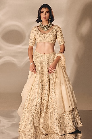 Beige Gold Silk Zardosi Embroidered Lehenga Set by DISHA MUCHHALA