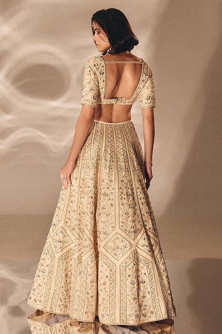 Beige Gold Silk Zardosi Embroidered Bridal Lehenga Set by DISHA MUCHHALA at Pernia's Pop Up Shop
