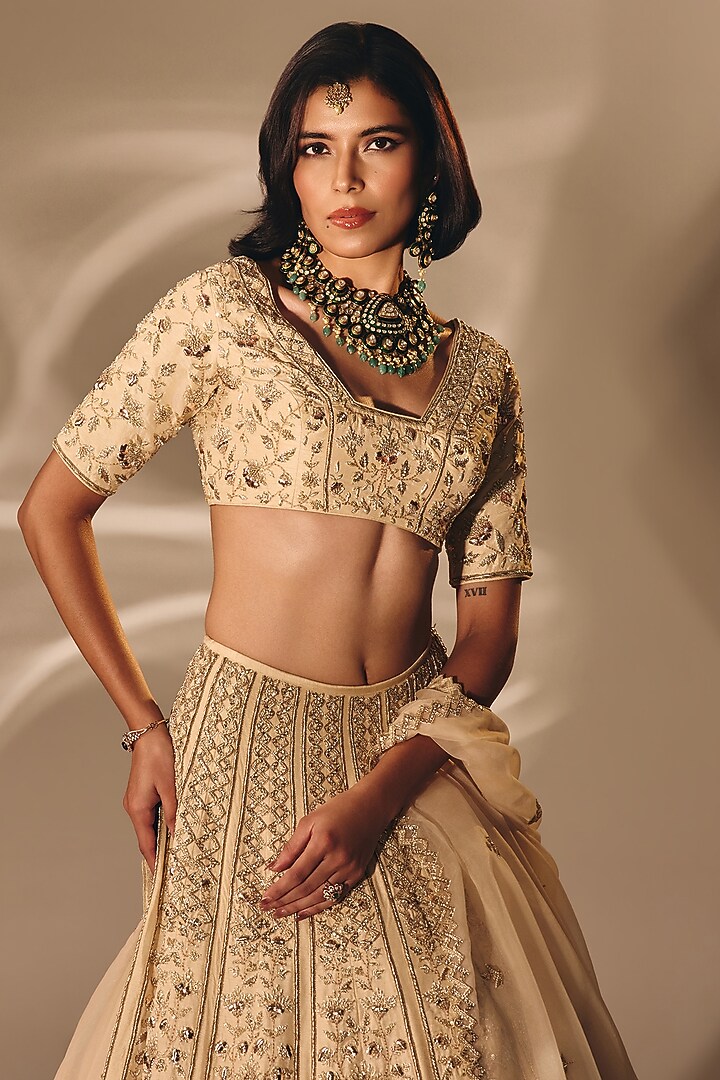 Beige Gold Silk Zardosi Embroidered Bridal Lehenga Set by DISHA MUCHHALA at Pernia's Pop Up Shop