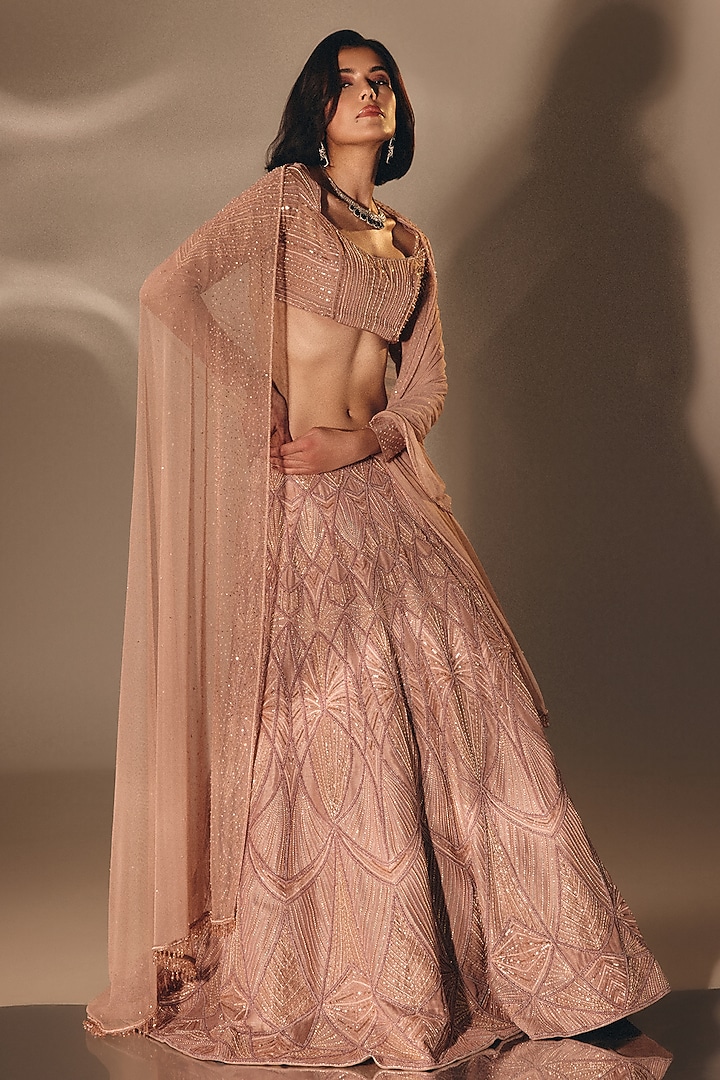 Onion Pink Silk Cutdana Embroidered Bridal Lehenga Set by DISHA MUCHHALA at Pernia's Pop Up Shop