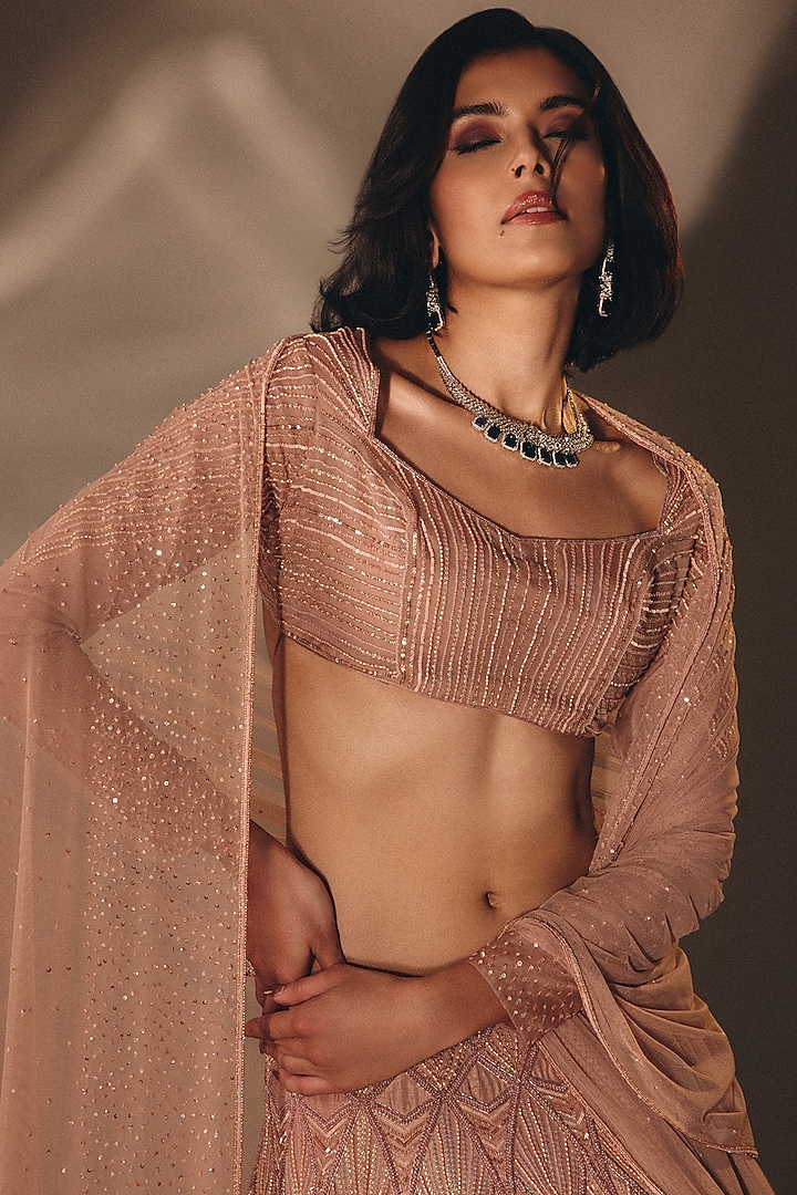 Onion Pink Silk Cutdana Embroidered Bridal Lehenga Set by DISHA MUCHHALA at Pernia's Pop Up Shop