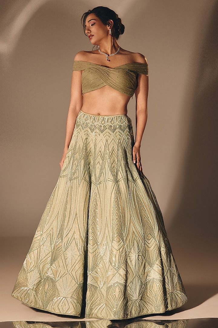 Sage Green Silk Cutdana Embroidered Bridal Lehenga Set by DISHA MUCHHALA at Pernia's Pop Up Shop