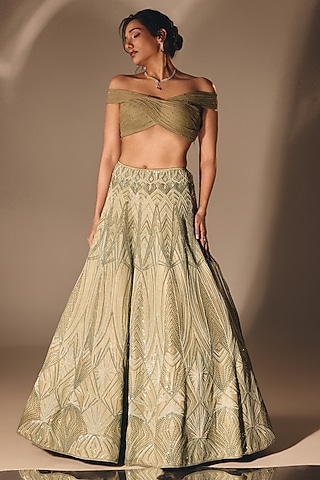 Sage Green Silk Cutdana Embroidered Lehenga Set by DISHA MUCHHALA