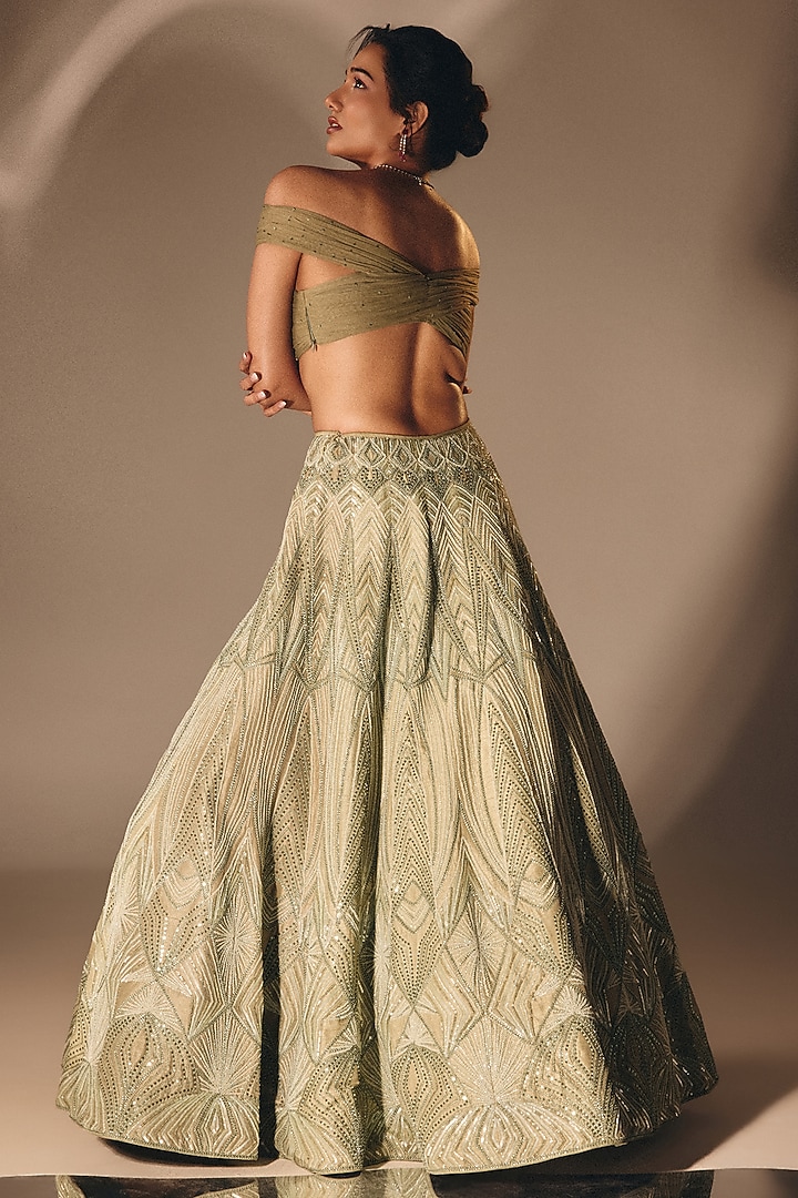 Sage Green Silk Cutdana Embroidered Bridal Lehenga Set by DISHA MUCHHALA at Pernia's Pop Up Shop