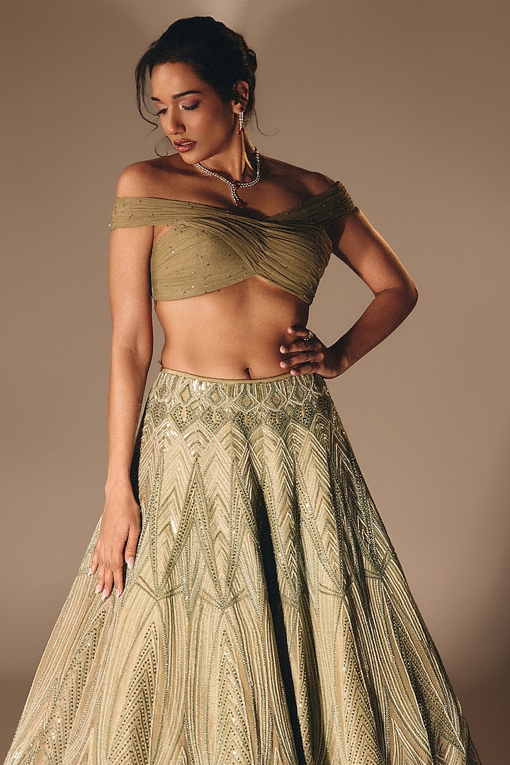 Sage Green Silk Cutdana Embroidered Bridal Lehenga Set by DISHA MUCHHALA at Pernia's Pop Up Shop