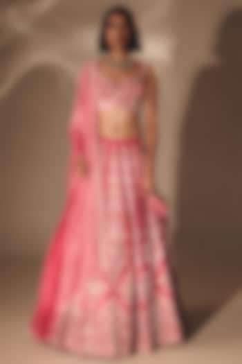 Pink Silk French-Knot Embroidered Bridal Lehenga Set by DISHA MUCHHALA at Pernia's Pop Up Shop
