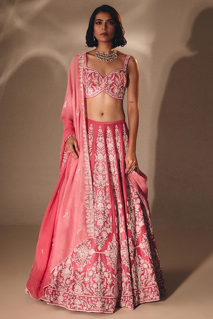 Pink Silk French-Knot Embroidered Bridal Lehenga Set by DISHA MUCHHALA at Pernia's Pop Up Shop