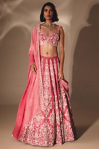 Pink Silk French-Knot Embroidered Lehenga Set by DISHA MUCHHALA