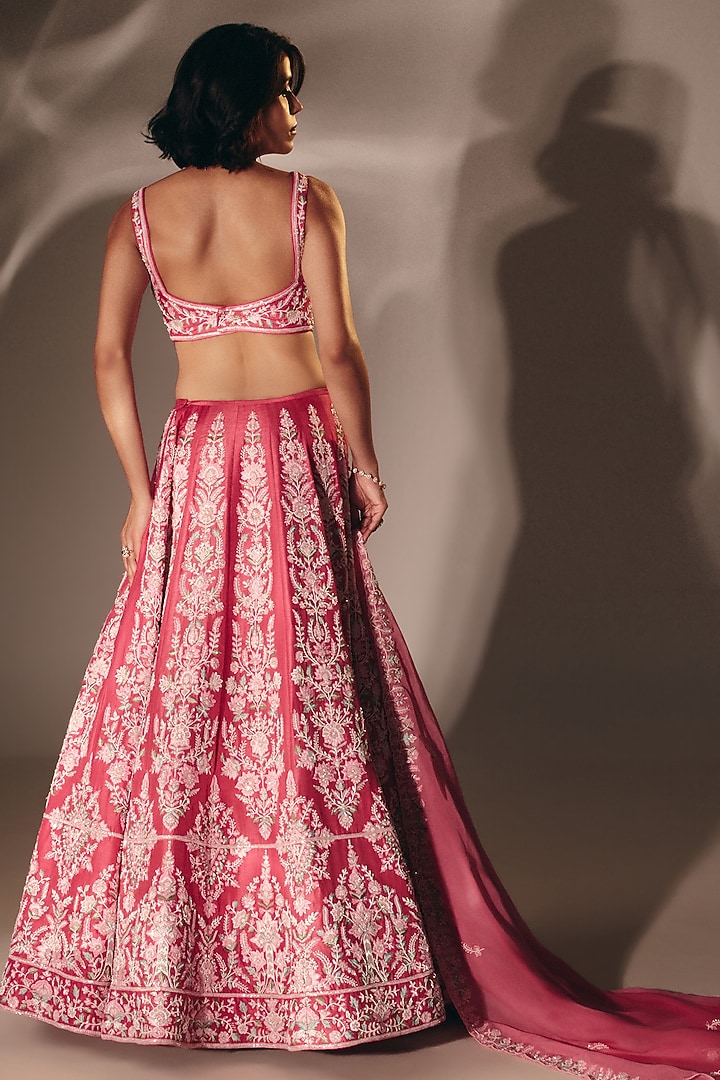 Pink Silk French-Knot Embroidered Bridal Lehenga Set by DISHA MUCHHALA at Pernia's Pop Up Shop