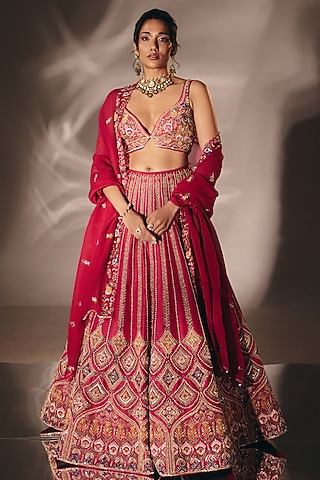 Rsoe Pink Silk French-Knot Embroidered Lehenga Set by DISHA MUCHHALA