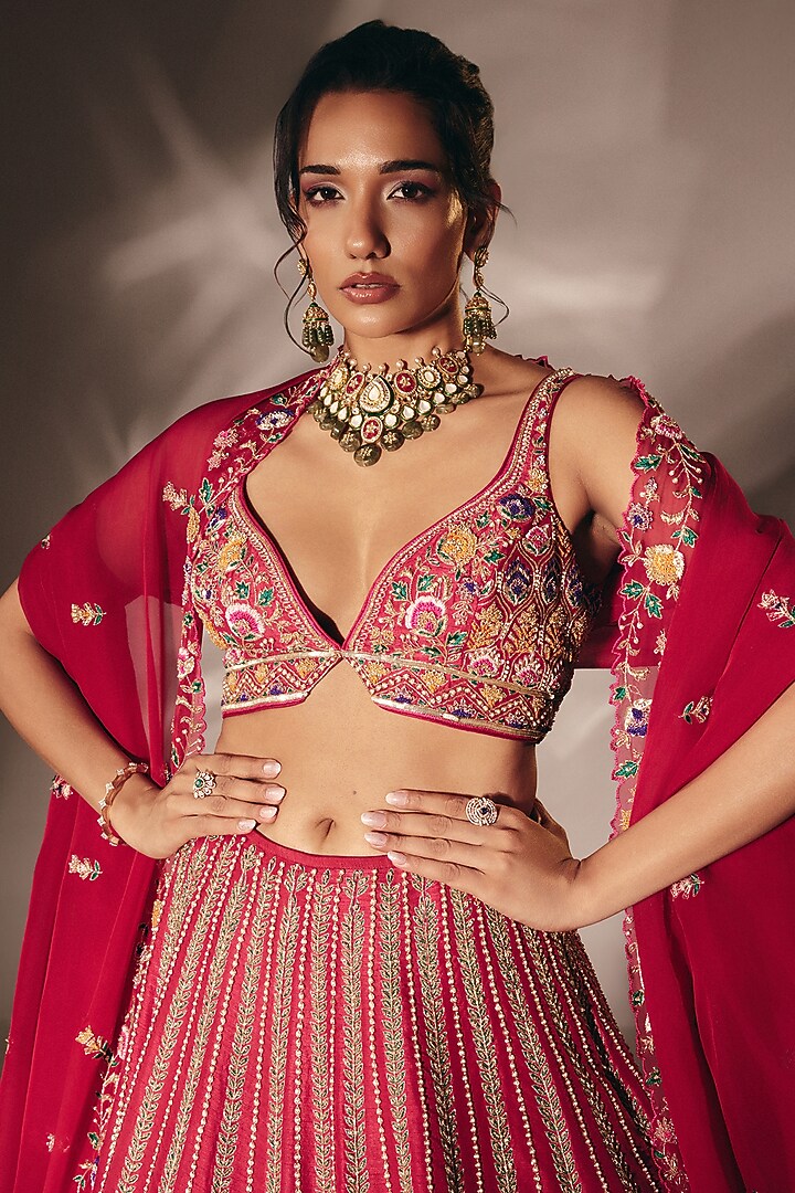 Rsoe Pink Silk French-Knot Embroidered Bridal Lehenga Set by DISHA MUCHHALA at Pernia's Pop Up Shop