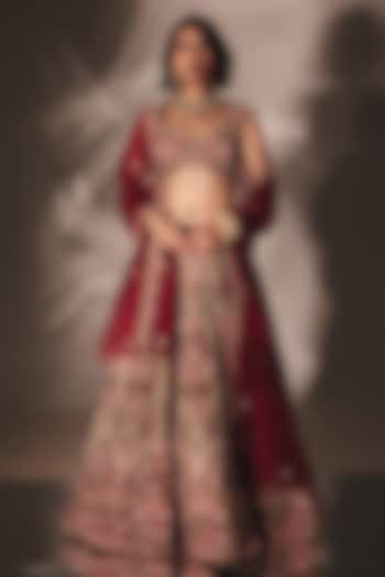 Cherry Red Silk French-Knot Embroidered Bridal Lehenga Set by DISHA MUCHHALA at Pernia's Pop Up Shop