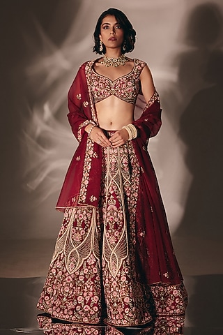 Cherry Red Silk French-Knot Embroidered Lehenga Set by DISHA MUCHHALA
