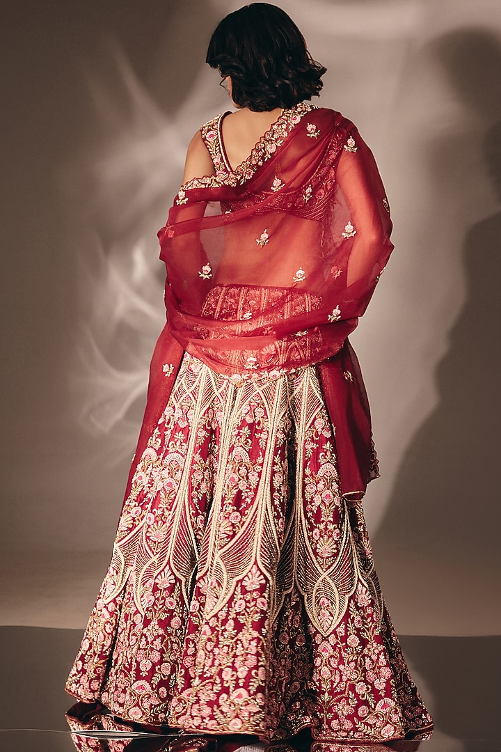 Cherry Red Silk French-Knot Embroidered Bridal Lehenga Set by DISHA MUCHHALA at Pernia's Pop Up Shop