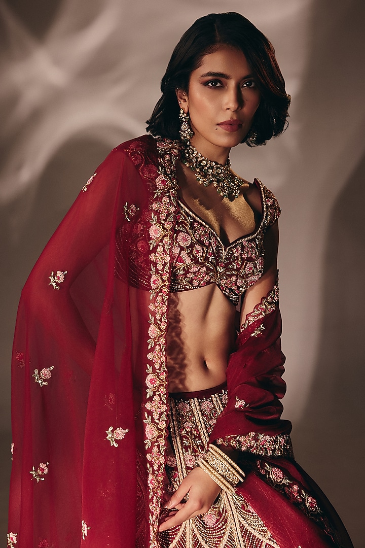 Cherry Red Silk French-Knot Embroidered Bridal Lehenga Set by DISHA MUCHHALA at Pernia's Pop Up Shop