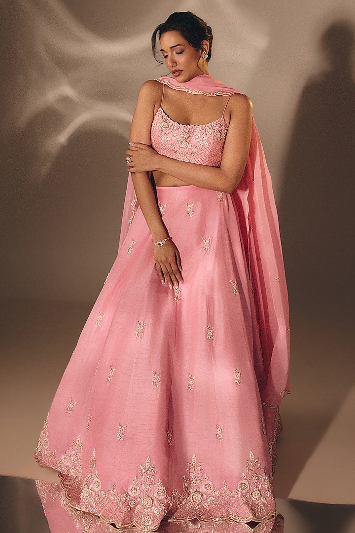 Baby Pink Silk Zardosi Embroidered Wedding Lehenga Set by DISHA MUCHHALA at Pernia's Pop Up Shop
