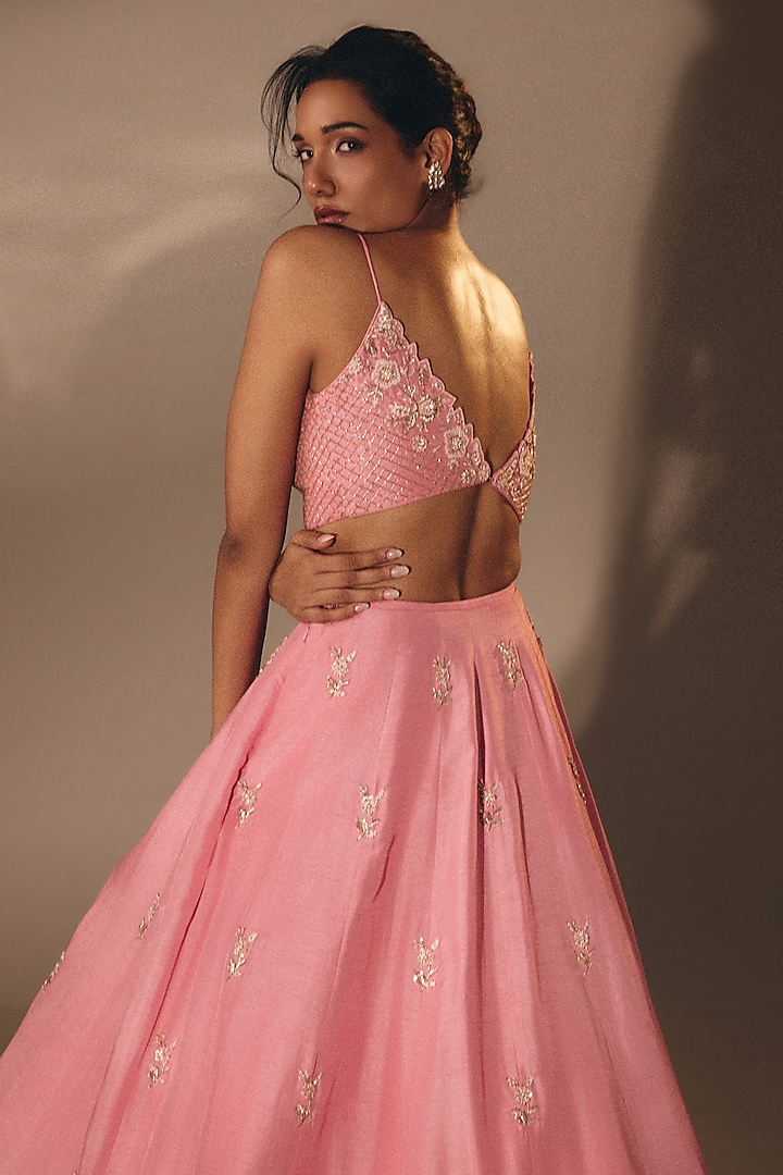 Baby Pink Silk Zardosi Embroidered Wedding Lehenga Set by DISHA MUCHHALA at Pernia's Pop Up Shop