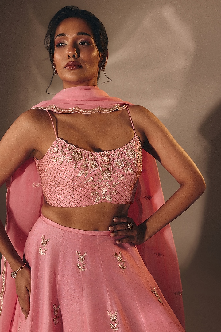 Baby Pink Silk Zardosi Embroidered Wedding Lehenga Set by DISHA MUCHHALA at Pernia's Pop Up Shop