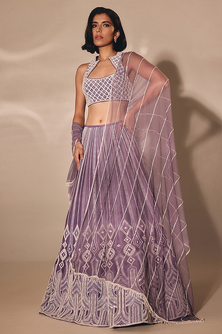 Purple Silk Sequins Embroidered Wedding Lehenga Set by DISHA MUCHHALA at Pernia's Pop Up Shop