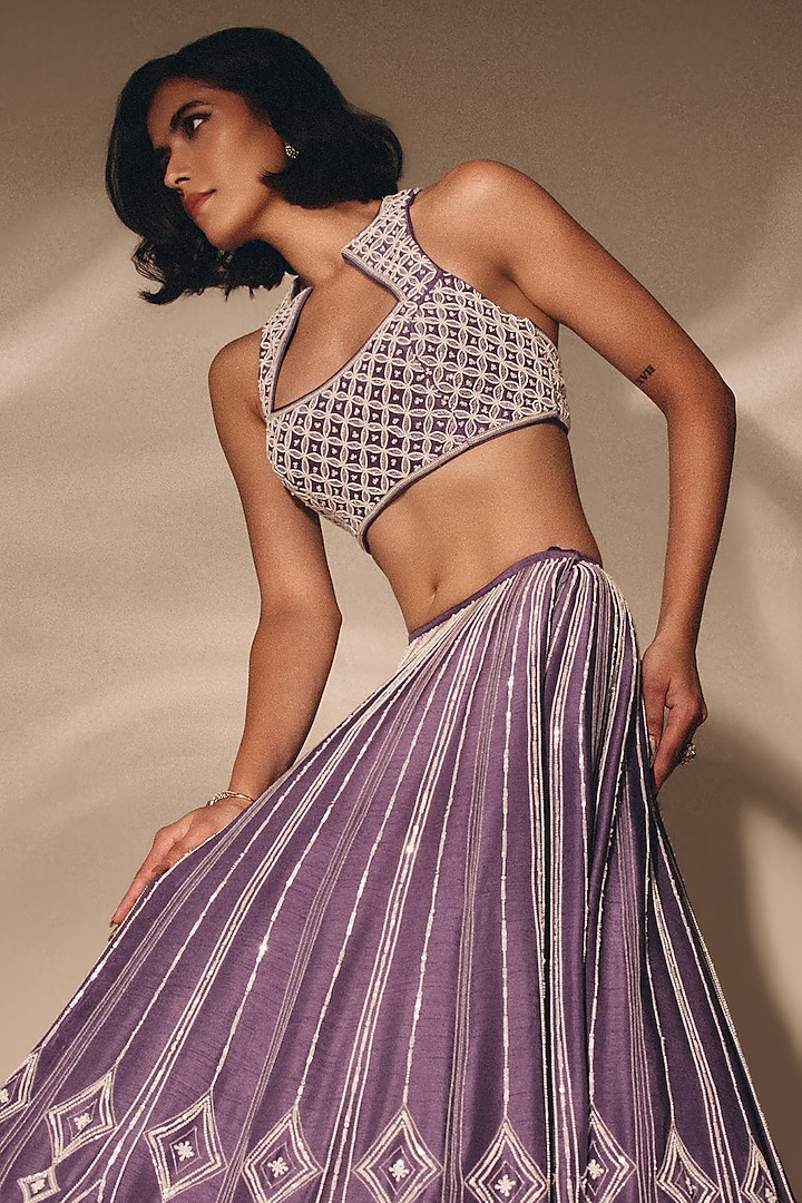 Purple Silk Sequins Embroidered Wedding Lehenga Set by DISHA MUCHHALA at Pernia's Pop Up Shop