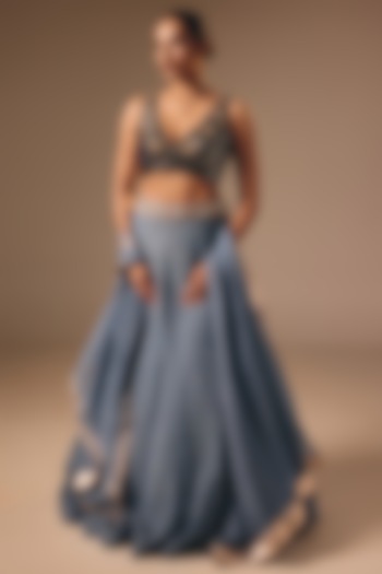 Dusty Blue Satin Organza Sequins Embroidered Wedding Lehenga Set by DISHA MUCHHALA at Pernia's Pop Up Shop