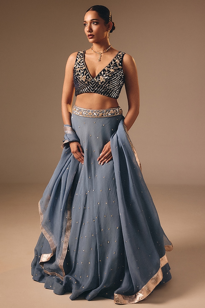 Dusty Blue Satin Organza Sequins Embroidered Wedding Lehenga Set by DISHA MUCHHALA at Pernia's Pop Up Shop
