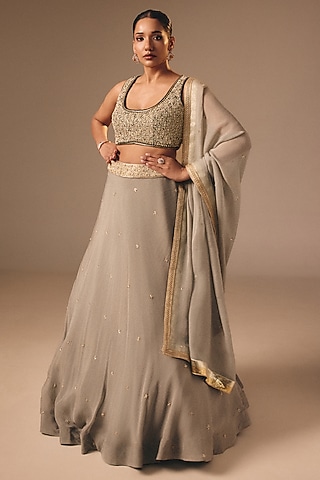 Light Green Satin Organza Sequins Embroidered Lehenga Set by DISHA MUCHHALA