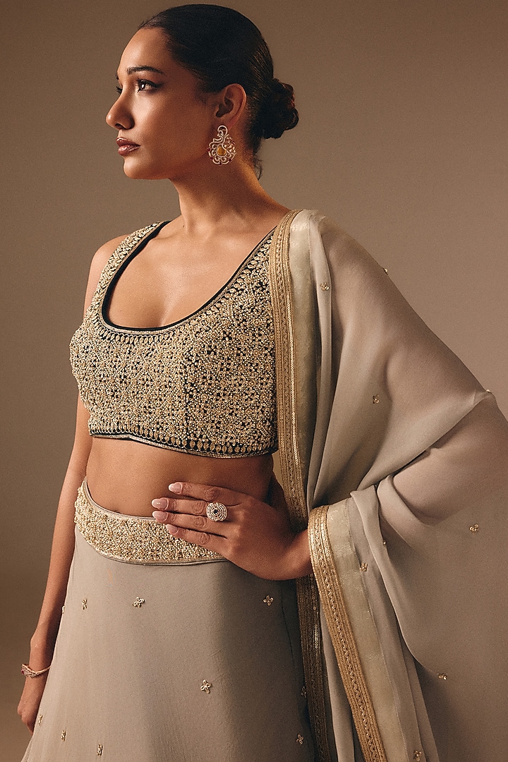Light Green Satin Organza Sequins Embroidered Wedding Lehenga Set by DISHA MUCHHALA at Pernia's Pop Up Shop