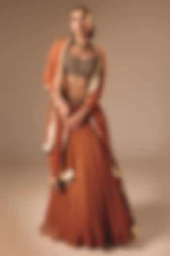 Rust Brown Satin Organza Wedding Lehenga Set by DISHA MUCHHALA at Pernia's Pop Up Shop