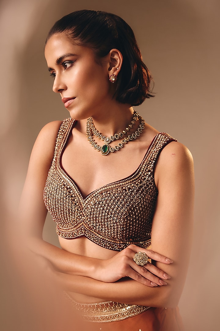 Rust Brown Satin Organza Wedding Lehenga Set by DISHA MUCHHALA at Pernia's Pop Up Shop