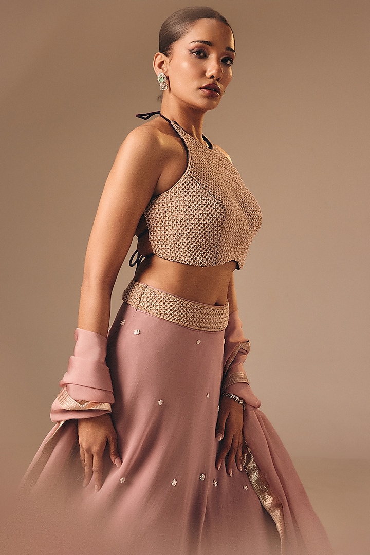 Wine Satin Organza Sequins Embroidered Wedding Lehenga Set by DISHA MUCHHALA at Pernia's Pop Up Shop