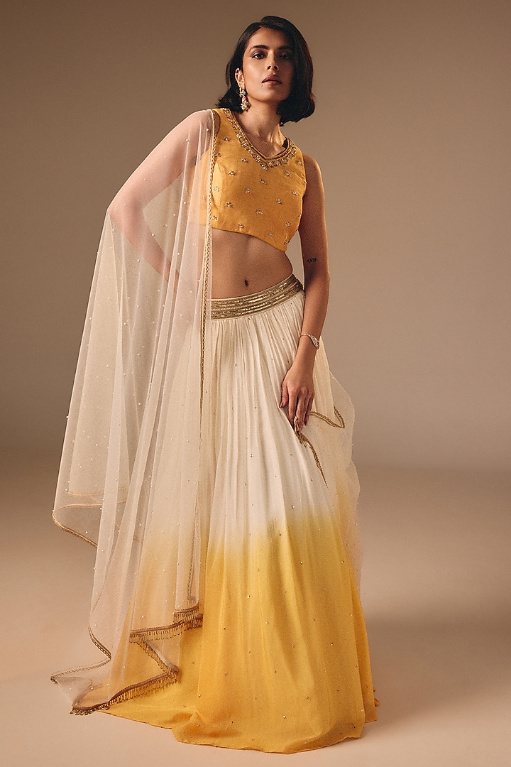 Yellow & Ivory Shaded Chiffon Lehenga Set by DISHA MUCHHALA at Pernia's Pop Up Shop