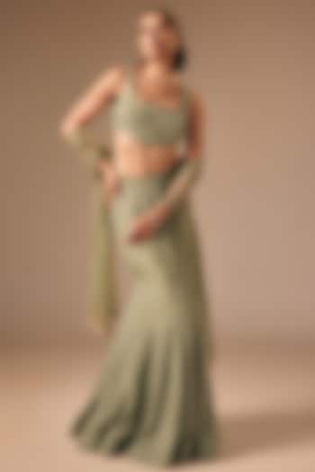 Sage Green Satin Organza Fish-Cut Wedding Lehenga Set by DISHA MUCHHALA at Pernia's Pop Up Shop