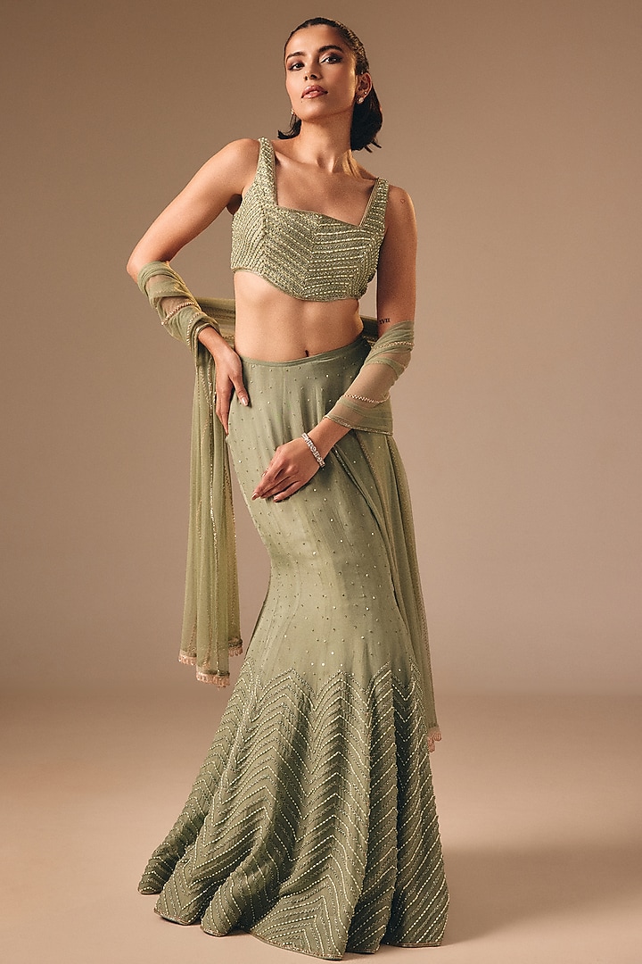 Sage Green Satin Organza Fish-Cut Wedding Lehenga Set by DISHA MUCHHALA at Pernia's Pop Up Shop